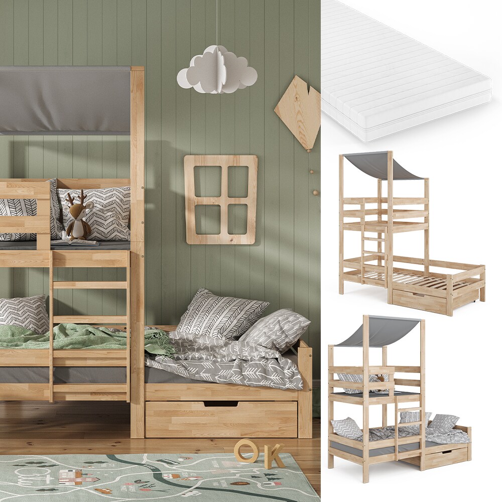VitaliSpa Spielturmbett Kinderbett Spielbett Tom Natur modern 204x218 cm Massivholz Kinderzimmer Lattenrost Bettleiter Bett Schublade Matratze Abenteuerbett Kletterbett - Bild 1