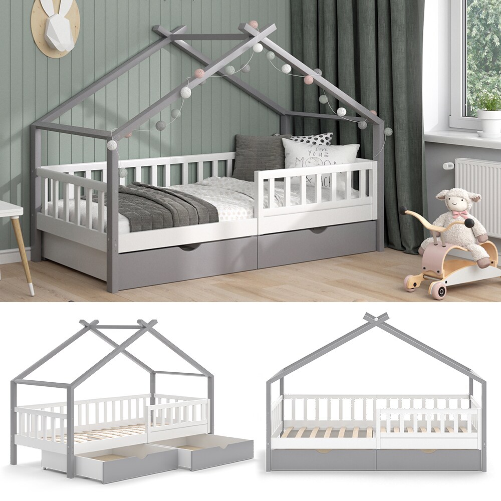 VitaliSpa Kinderbett Hausbett Einzelbett Design Wei&szlig; Grau modern 90x200 cm Kinderzimmer Bett Massivholz Lattenrost Schublade Rausfallschutz Schubladenbett - Bild 1