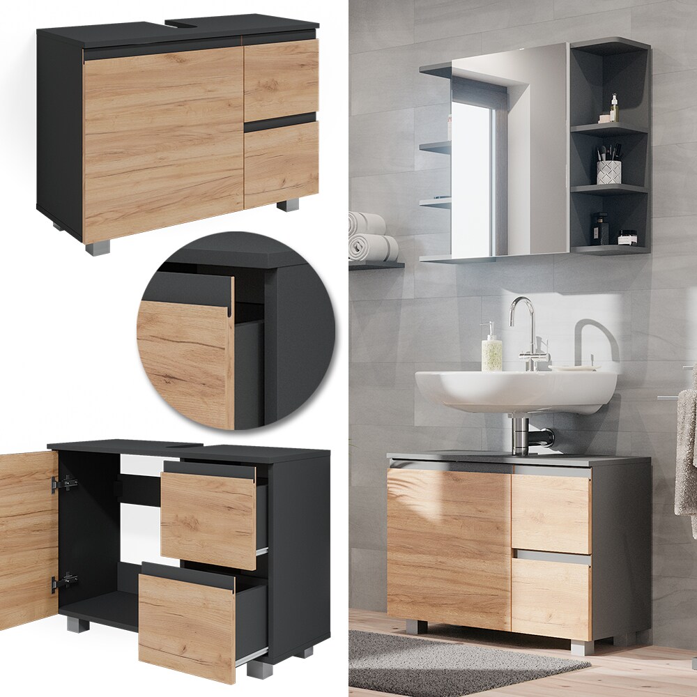 Vicco Waschtischunterschrank Waschbeckenunterschrank Badschrank J-shape Anthrazit Eiche modern 80x61cm Badezimmer Schrank Badm&ouml;bel Schrankt&uuml;r Schrankschublade Aufbewahrung - Bild 1