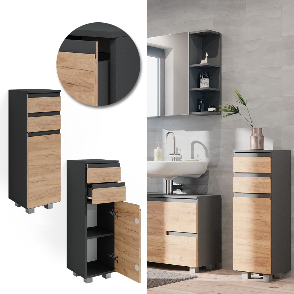 Vicco Midischrank Badschrank Badezimmermöbel J-shape Anthrazit Eiche modern 30x95cm Badezimmer Schrank Badmöbel Schranktür Schrankschublade Schrankfach Ablage Aufbewahrung