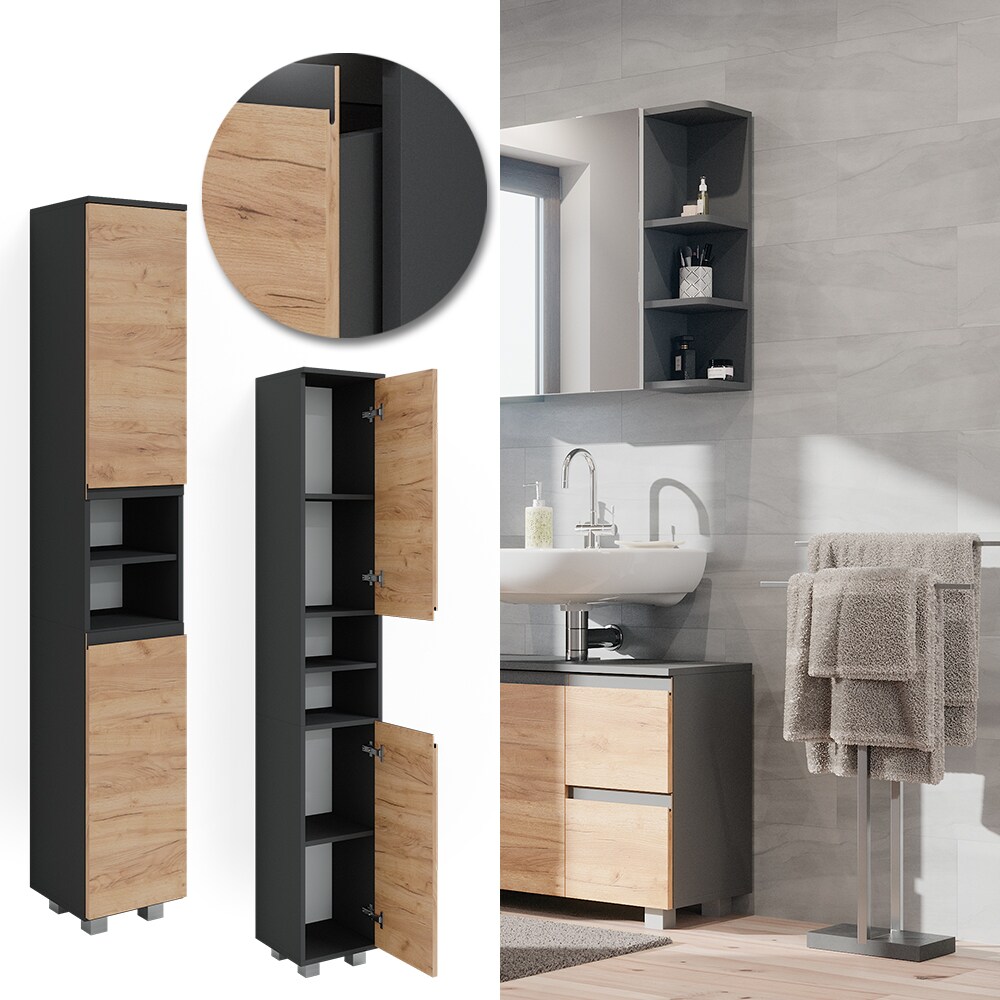 Vicco Hochschrank Badschrank Badezimmermöbel J-shape Anthrazit Eiche modern 30x190cm Badezimmer Schrank Badmöbel Schranktür Schrankfach Aufbewahrung Ablage