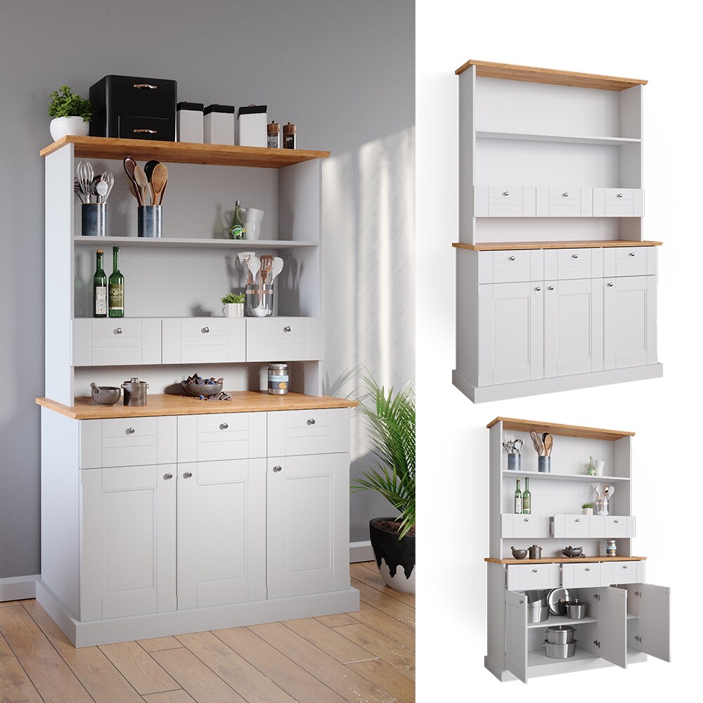 Vicco K&uuml;chenvitrine Sideboard K&uuml;chenregal Bergamo Wei&szlig; Eiche K&uuml;chen Schrank 121x87 cm Vintage Ablage Schublade Schrankt&uuml;r Anrichte K&uuml;chenm&ouml;bel - Bild 1