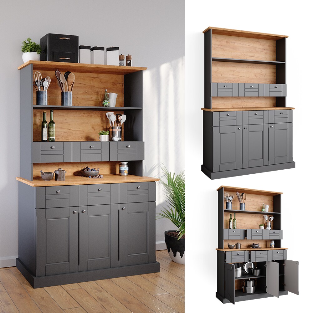 Vicco K&uuml;chenvitrine Sideboard K&uuml;chenregal Bergamo Grau Eiche K&uuml;chen Schrank 121x87 cm Vintage Ablage Schublade Schrankt&uuml;r Anrichte K&uuml;chenm&ouml;bel - Bild 1