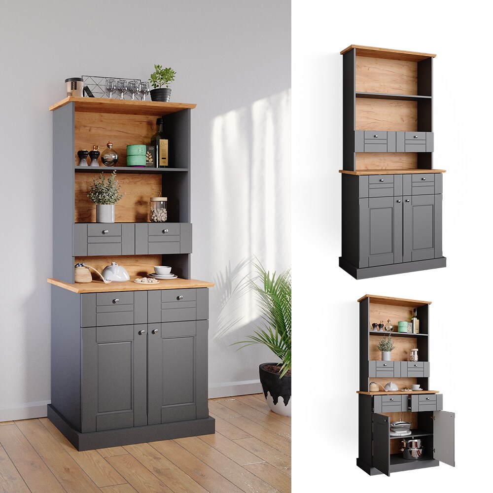 Vicco K&uuml;chenvitrine Kommode K&uuml;chenregal Bergamo Grau Eiche K&uuml;chen Schrank 83x84 cm Vintage Ablage Schublade Schrankt&uuml;r Anrichte K&uuml;chenm&ouml;bel - Bild 1