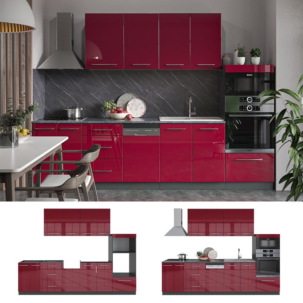 Vicco K&uuml;chenzeile Einbauk&uuml;che K&uuml;che Fame-Line Anthrazit Rot Hochglanz 295 cm modern - Bild 1