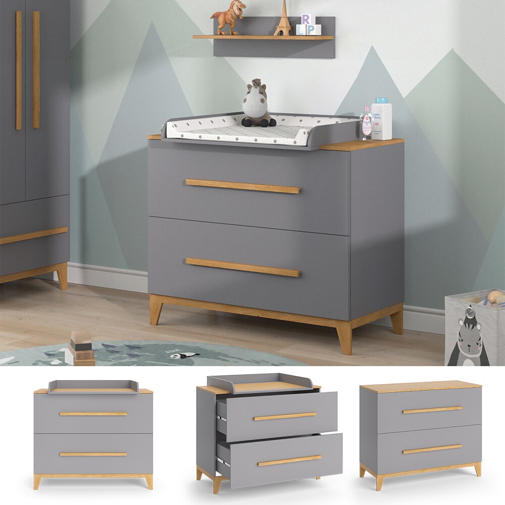 VitaliSpa Wickelkommode Wickeltisch Wickelschrank Malia Grau Eiche modern 108x90 cm Kinderzimmer M&ouml;bel Babym&ouml;bel Wickelaufsatz Wickelauflage Schublade Wickelkombi - Bild 1
