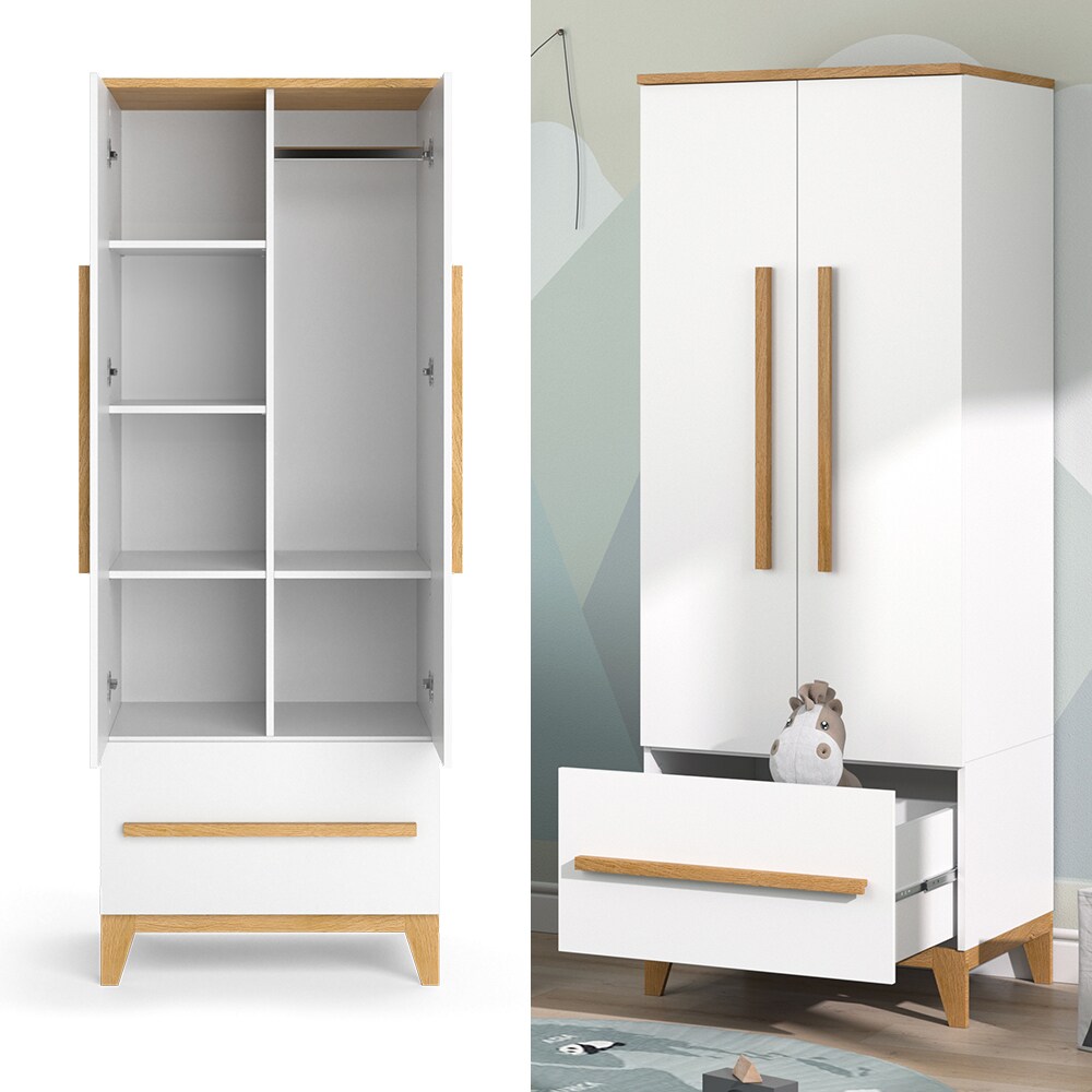 VitaliSpa Kleiderschrank Kinderzimmerschrank Aufbewahrungsschrank Malia Weiß Eiche modern 70×187 cm Kinderzimmer Möbel Babymöbel Schublade Tür Fach Kleiderstange Ablage Babyzimmerschrank | 04066731161225