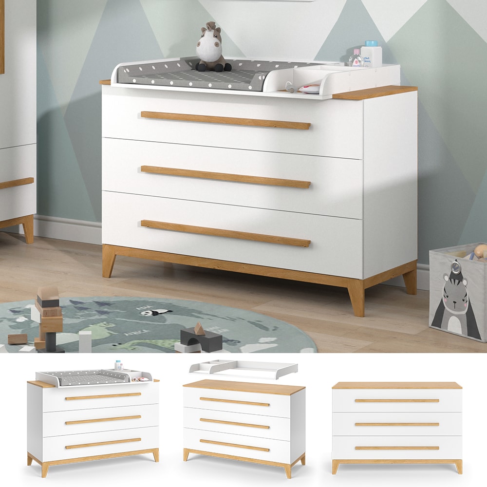 VitaliSpa Wickelkommode Wickeltisch Wickelschrank Malia Wei&szlig; Eiche modern 133x90 cm Kinderzimmer M&ouml;bel Babym&ouml;bel Wickelaufsatz Wickelauflage Schublade Wickelkombi - Bild 1