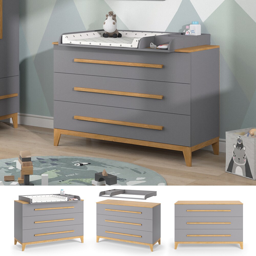 VitaliSpa Wickelkommode Wickeltisch Wickelschrank Malia Grau Eiche modern 133x90 cm Kinderzimmer M&ouml;bel Babym&ouml;bel Wickelaufsatz Wickelauflage Schublade Wickelkombi - Bild 1