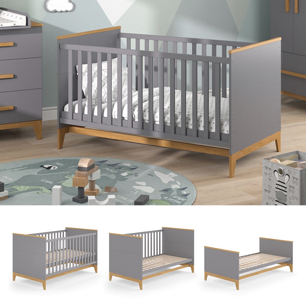 VitaliSpa Kinderbett Babybett Juniorbett Malia Grau Eiche modern 70×140 cm Kinderzimmer Bett Babyzimmerbett Kindermöbel Babymöbel Schlupfsprossen Lattenrost Rausfallschutz Einzelbett | 04066731161294