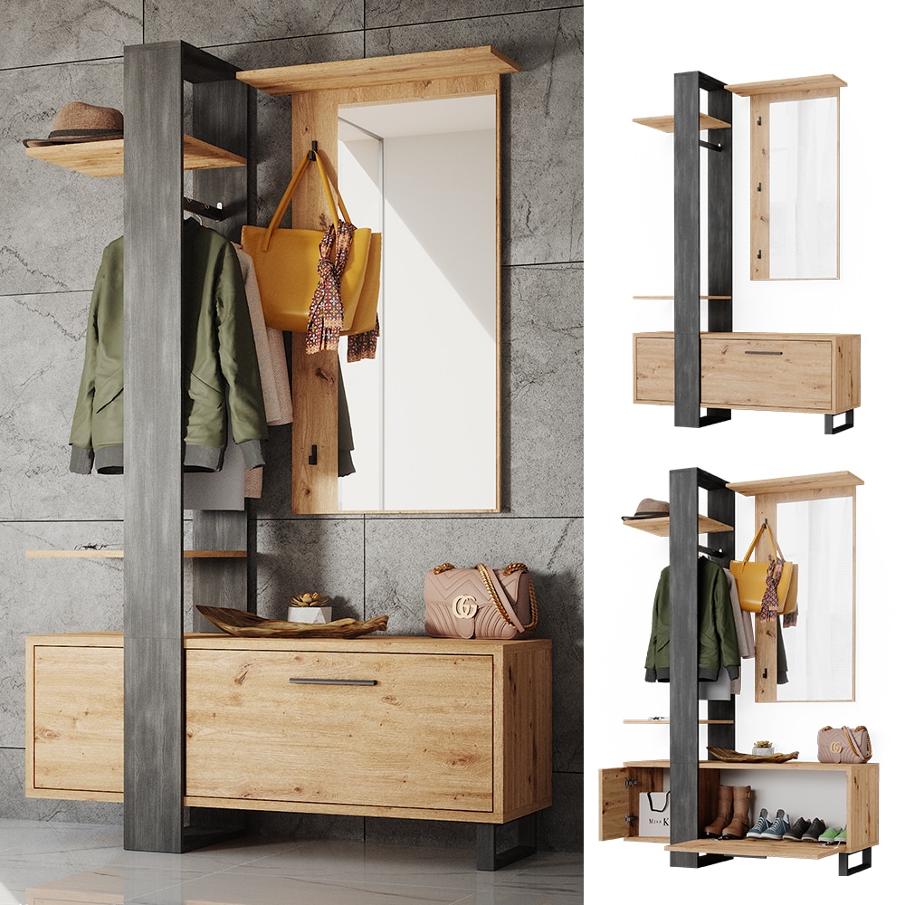 Vicco Flurgarderobe Dielengarderobe Garderobe Porto Schwarz Artisan Mediterran 120x190 cm Schlafzimmer Spiegel Kleiderstange T&uuml;r Fach Ablage rollbar - Bild 1
