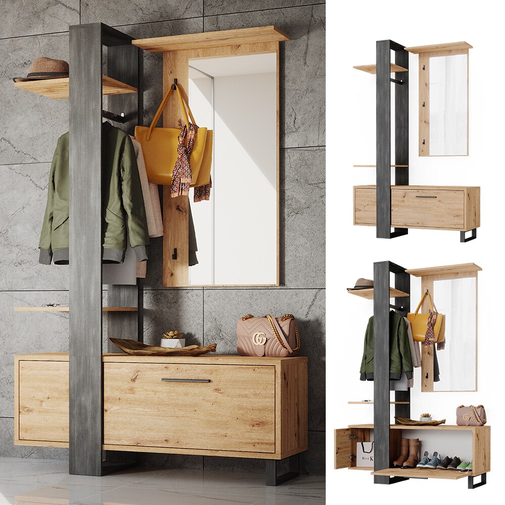 Vicco Flurgarderobe Dielengarderobe Garderobe Porto Schwarz Artisan Mediterran 120×190 cm Schlafzimmer Spiegel Kleiderstange Tür Fach Ablage rollbar | 04066731163434
