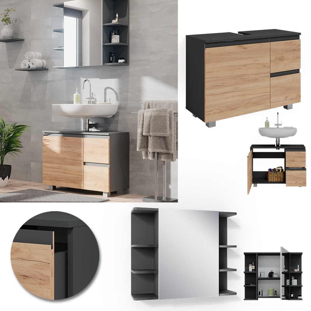 Vicco Badm&ouml;belset J-shape Anthrazit Eiche modern Badezimmer Schrank Badschrank Waschtischunterschrank Spiegelschrank Schrankt&uuml;r Schrankschublade Aufbewahrung - Bild 1