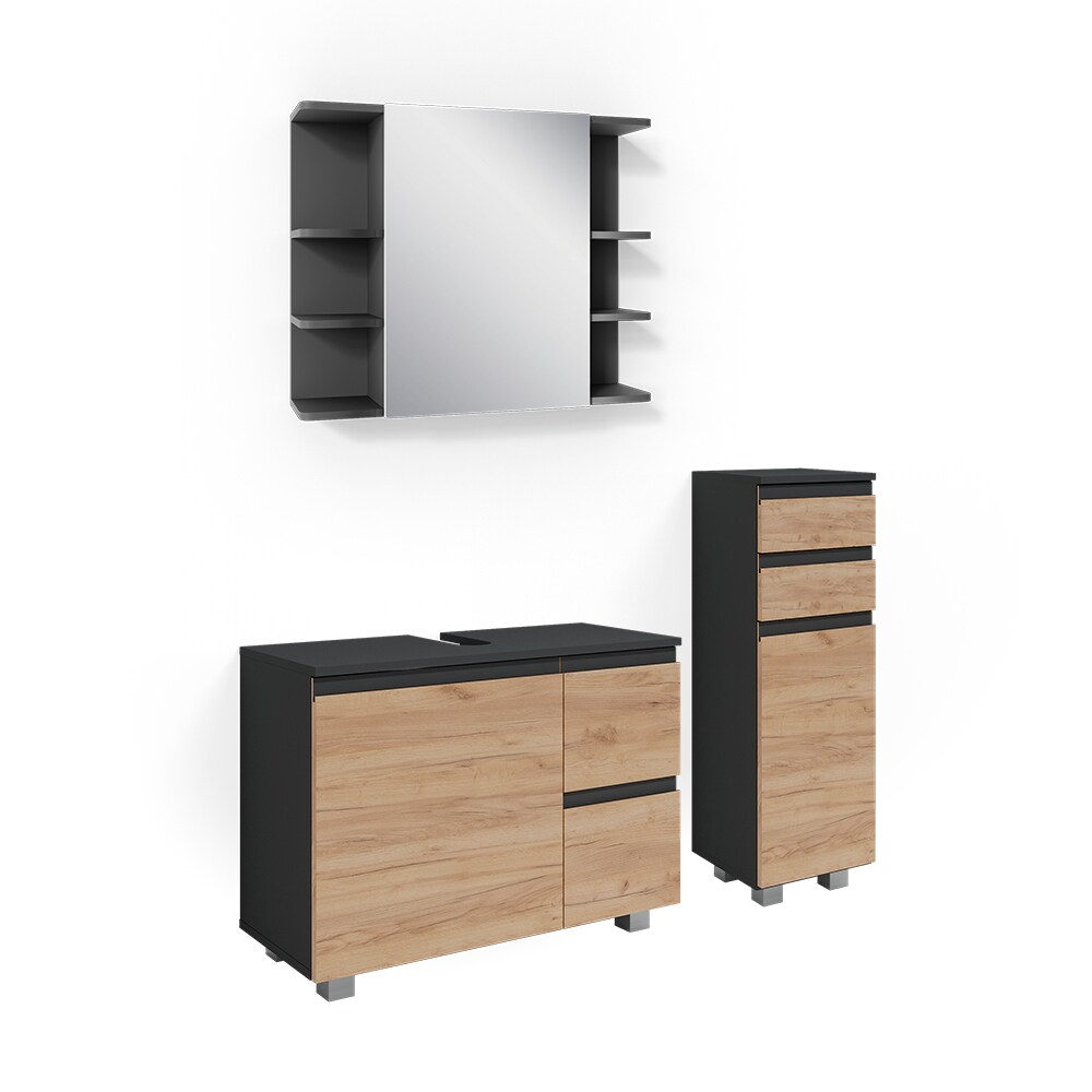 Vicco Badmöbelset J-shape Anthrazit Eiche modern Badezimmer Schrank Badschrank Waschtischunterschrank Spiegelschrank Midischrank Schranktür Schrankschublade Schrankfach Ablage Aufbewahrung