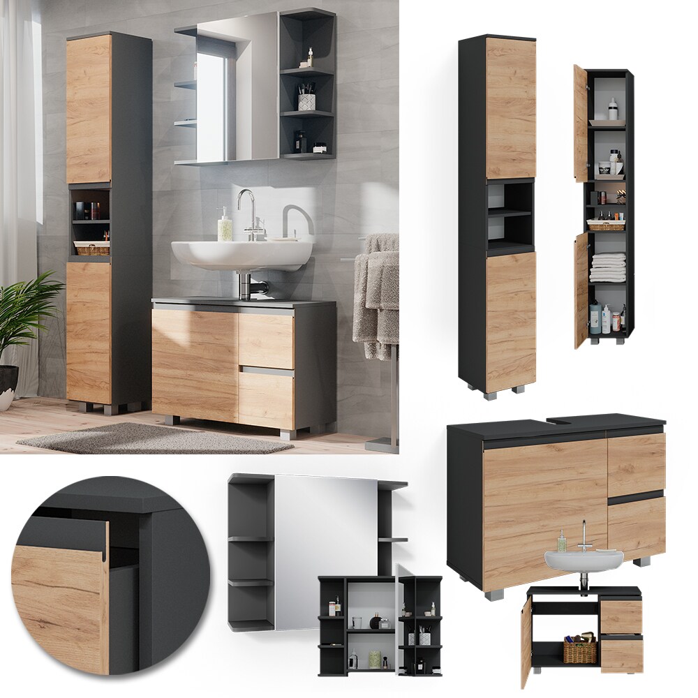 Vicco Badmöbelset J-shape Anthrazit Eiche modern Badezimmer Schrank Badschrank Waschtischunterschrank Spiegelschrank Hochschrank Schranktür Schrankschublade Schrankfach Ablage Aufbewahrung