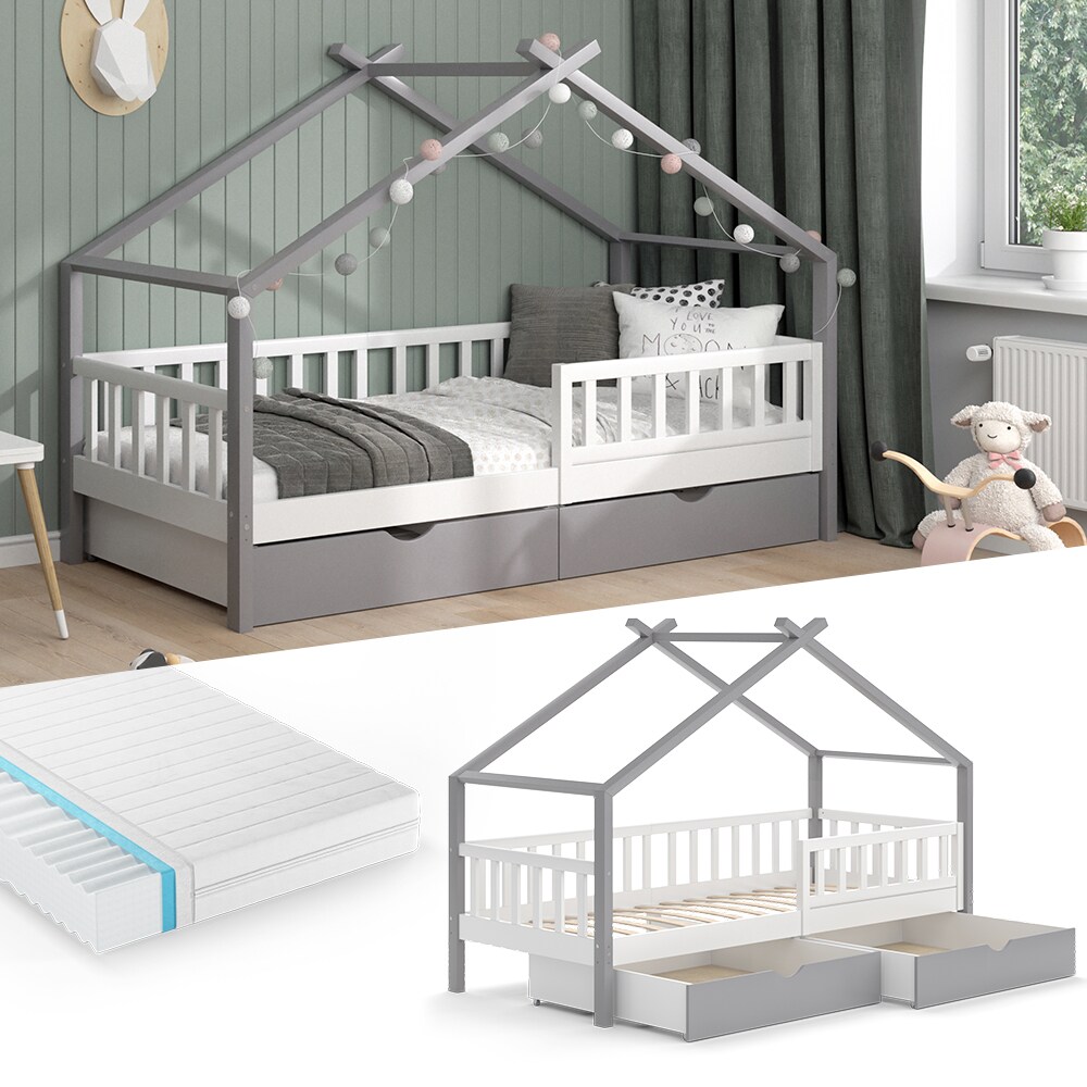 VitaliSpa Kinderbett Hausbett Einzelbett Design Wei&szlig; Grau modern 90x200 cm Kinderzimmer Bett Massivholz Lattenrost Schublade Rausfallschutz Schubladenbett Matratze - Bild 1