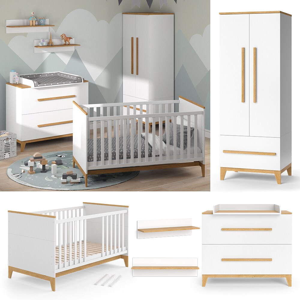 VitaliSpa Babymöbel Set Malia Weiß Eiche Wickelkommode Wandregal Kinderbett Kleiderschrank Kinderzimmermöbel Wickelauflage Aufbewahrung Lattenrost Rausfallschutz Kleiderstange | 04066731127474