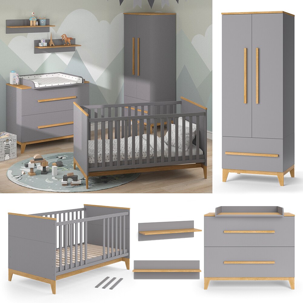 VitaliSpa Babymöbel Set Malia Grau Eiche Wickelkommode Wandregal Kinderbett Kleiderschrank Kinderzimmermöbel Wickelauflage Aufbewahrung Lattenrost Rausfallschutz Kleiderstange