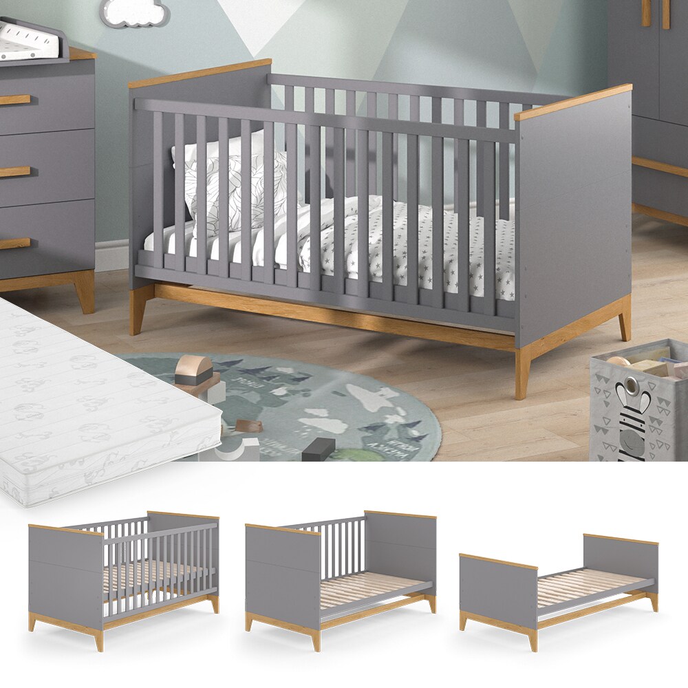 VitaliSpa Kinderbett Babybett Juniorbett Malia Grau Eiche Matratze modern 70×140 cm Kinderzimmer Bett Babyzimmerbett Kindermöbel Babymöbel Schlupfsprossen Lattenrost Rausfallschutz Einzelbett | 04066731161317