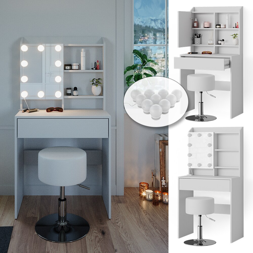 Vicco Schminktisch Frisiertisch Frisierkommode Laura Weiß LED Hocker 70×136 cm Spiegelschrank modern Schlafzimmer Kommode Schminkspiegel Schrank Schublade Kosmetiktisch Make-Up-Tisch | 04066731128648
