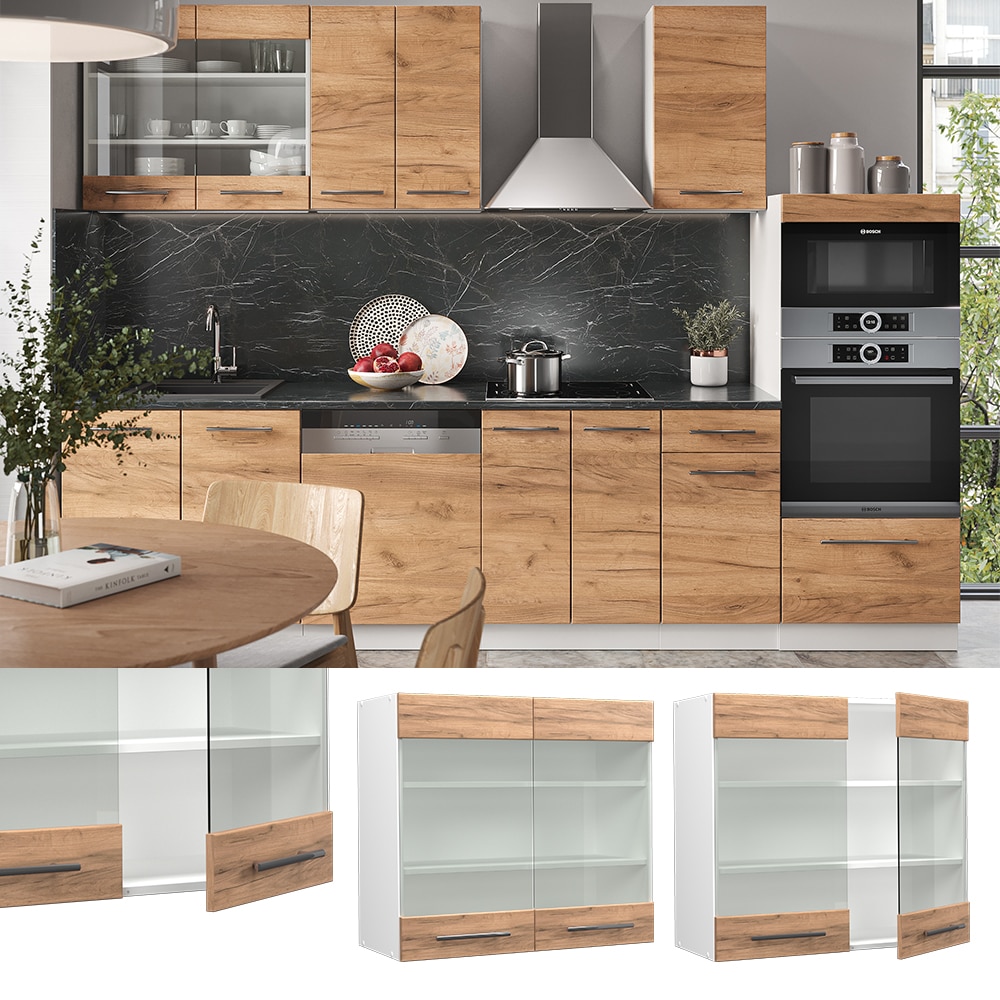 Vicco H&auml;ngeglasschrank K&uuml;chenschrank K&uuml;chenm&ouml;bel Fame-Line Wei&szlig; Eiche modern 80 cm K&uuml;che Einbauk&uuml;che H&auml;ngeschrank Glasschrank Dreht&uuml;r Einlegeboden K&uuml;chenzeile - Bild 1