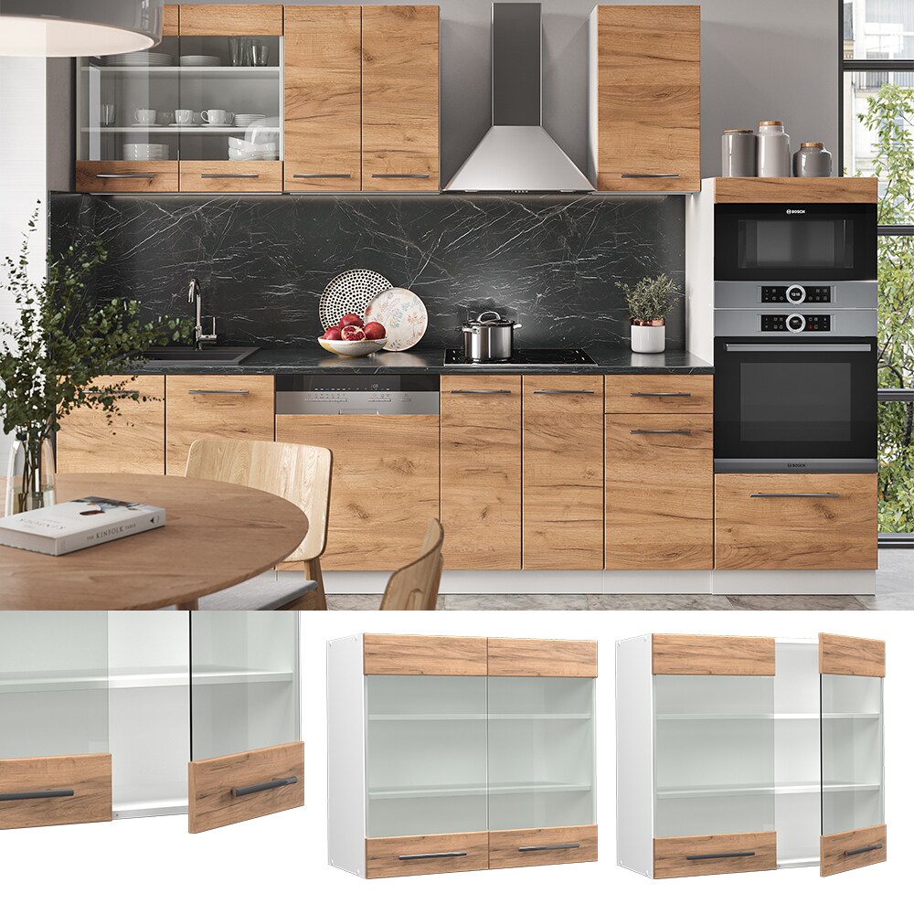 Vicco Hängeglasschrank Küchenschrank Küchenmöbel Fame-Line Weiß Eiche modern 80 cm Küche Einbauküche Hängeschrank Glasschrank Drehtür Einlegeboden Küchenzeile