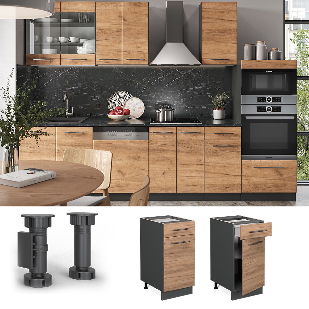 Vicco Schubunterschrank Küchenschrank Küchenmöbel Fame-Line Anthrazit Eiche modern 40 cm Küche Einbauküche Drehtür Schublade Einlegeboden Blende Küchenzeile