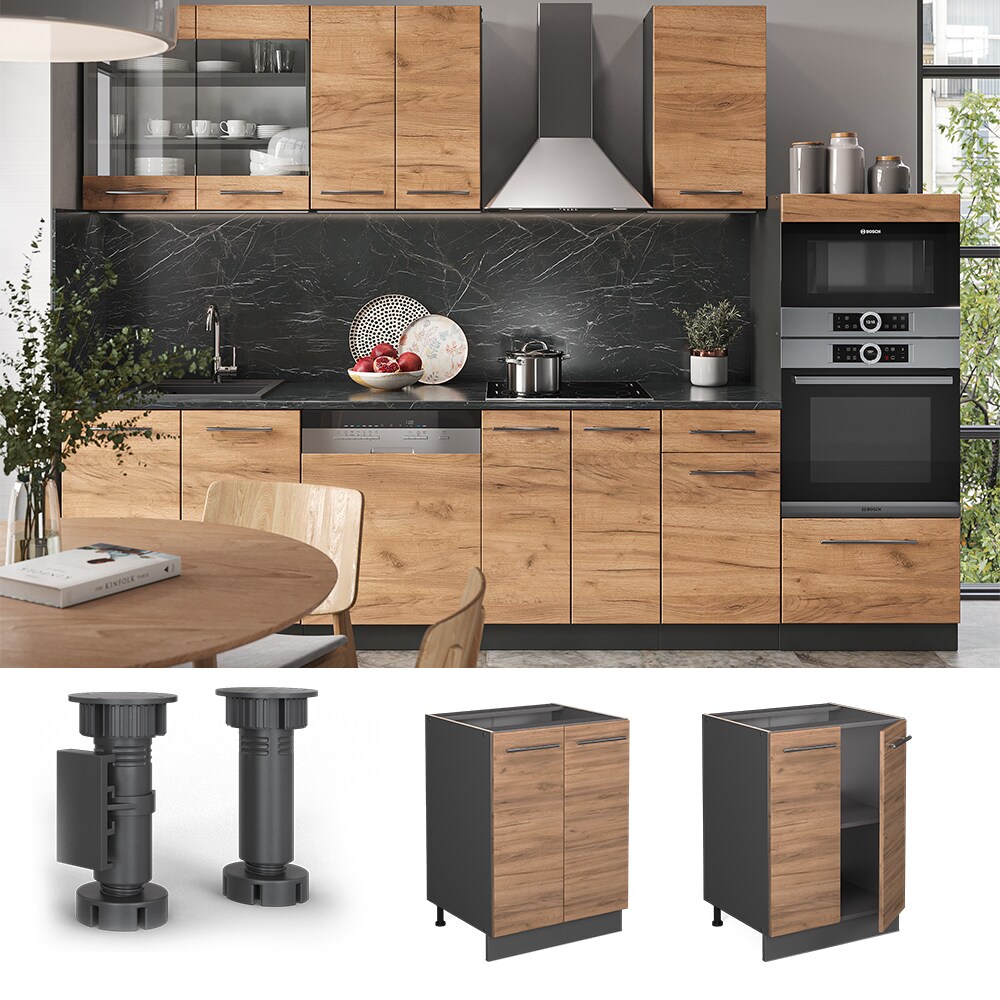 Vicco Unterschrank Küchenschrank Küchenmöbel Fame-Line Anthrazit Eiche modern 60 cm Küche Einbauküche Drehtür Einlegeboden Blende Küchenzeile