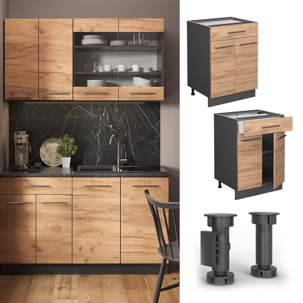 Vicco Schubunterschrank K&uuml;chenschrank K&uuml;chenm&ouml;bel Fame-Line Anthrazit Eiche modern 60 cm K&uuml;che Einbauk&uuml;che Dreht&uuml;r Schublade Einlegeboden Blende K&uuml;chenzeile - Bild 1