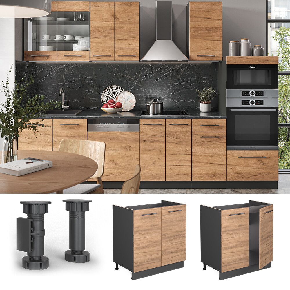 Vicco Spülenunterschrank Küchenschrank Küchenmöbel Fame-Line Anthrazit Eiche modern 80 cm Küche Einbauküche Drehtür Siphonausschnitt Blende Küchenzeile
