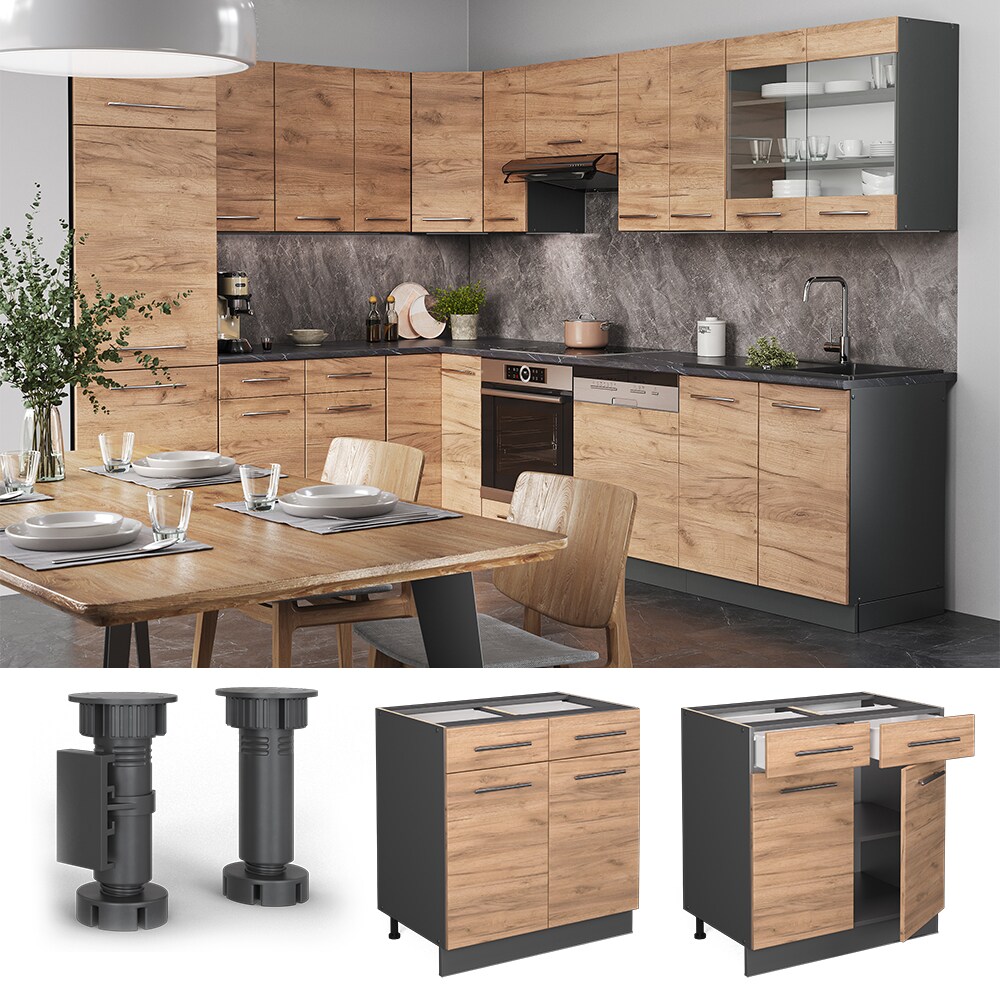 Vicco Schubunterschrank Küchenschrank Küchenmöbel Fame-Line Anthrazit Eiche modern 80 cm Küche Einbauküche Drehtür Schublade Einlegeboden Blende Küchenzeile