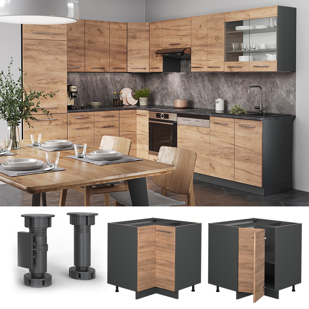 Vicco Eckunterschrank Küchenschrank Küchenmöbel Fame-Line Anthrazit Eiche modern 87 cm Küche Eckküche Einbauküche Doppel-Drehtür Einlegeboden Blende Küchenzeile