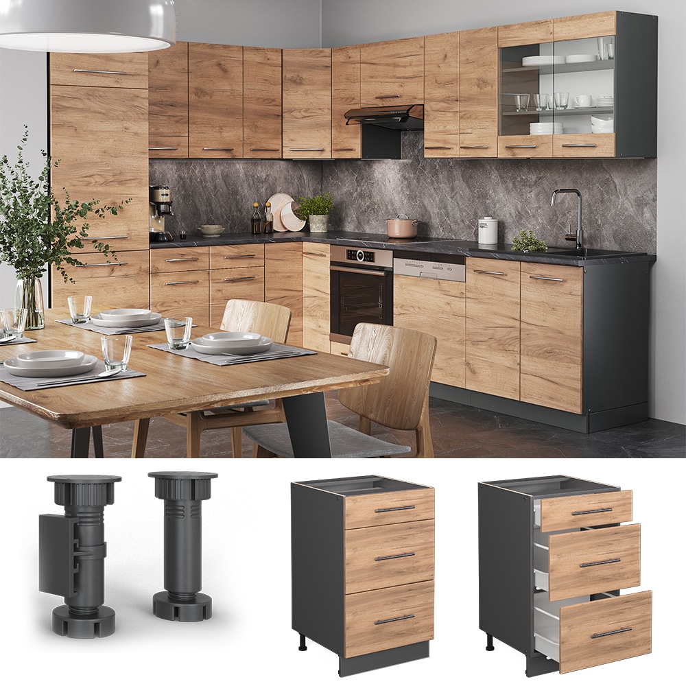 Vicco Schubunterschrank K&uuml;chenschrank K&uuml;chenm&ouml;bel Fame-Line Anthrazit Eiche modern 50 cm K&uuml;che Einbauk&uuml;che Dreht&uuml;r Blende K&uuml;chenzeile - Bild 1