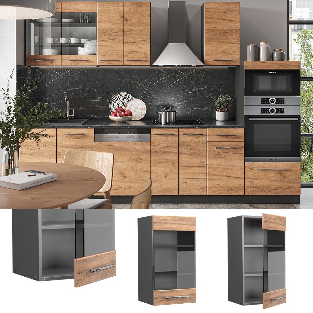 Vicco Hängeglasschrank Küchenschrank Küchenmöbel Fame-Line Anthrazit Eiche modern 40 cm Küche Einbauküche Hängeschrank Glasschrank Drehtür Einlegeboden Küchenzeile