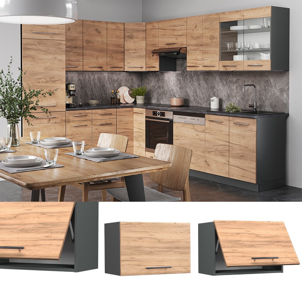 Vicco Hängeschrank Küchenschrank Küchenmöbel Fame-Line Anthrazit Eiche modern 60 cm Küche Einbauküche Hängeschrank Klapptür Dunstabzugshaube Küchenzeile