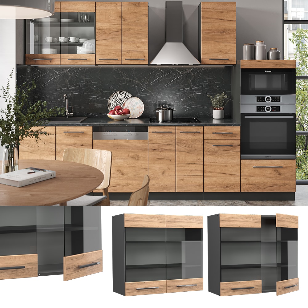 Vicco H&auml;ngeglasschrank K&uuml;chenschrank K&uuml;chenm&ouml;bel Fame-Line Anthrazit Eiche modern 80 cm K&uuml;che Einbauk&uuml;che H&auml;ngeschrank Glasschrank Dreht&uuml;r Einlegeboden K&uuml;chenzeile - Bild 1