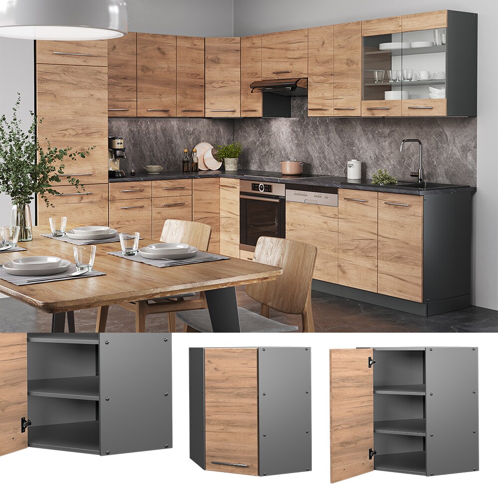 Vicco Eckhängeschrank Küchenschrank Küchenmöbel Fame-Line Anthrazit Eiche modern 57 cm Küche Einbauküche Eckküche Hängeschrank Drehtür Einlegeboden Küchenzeile