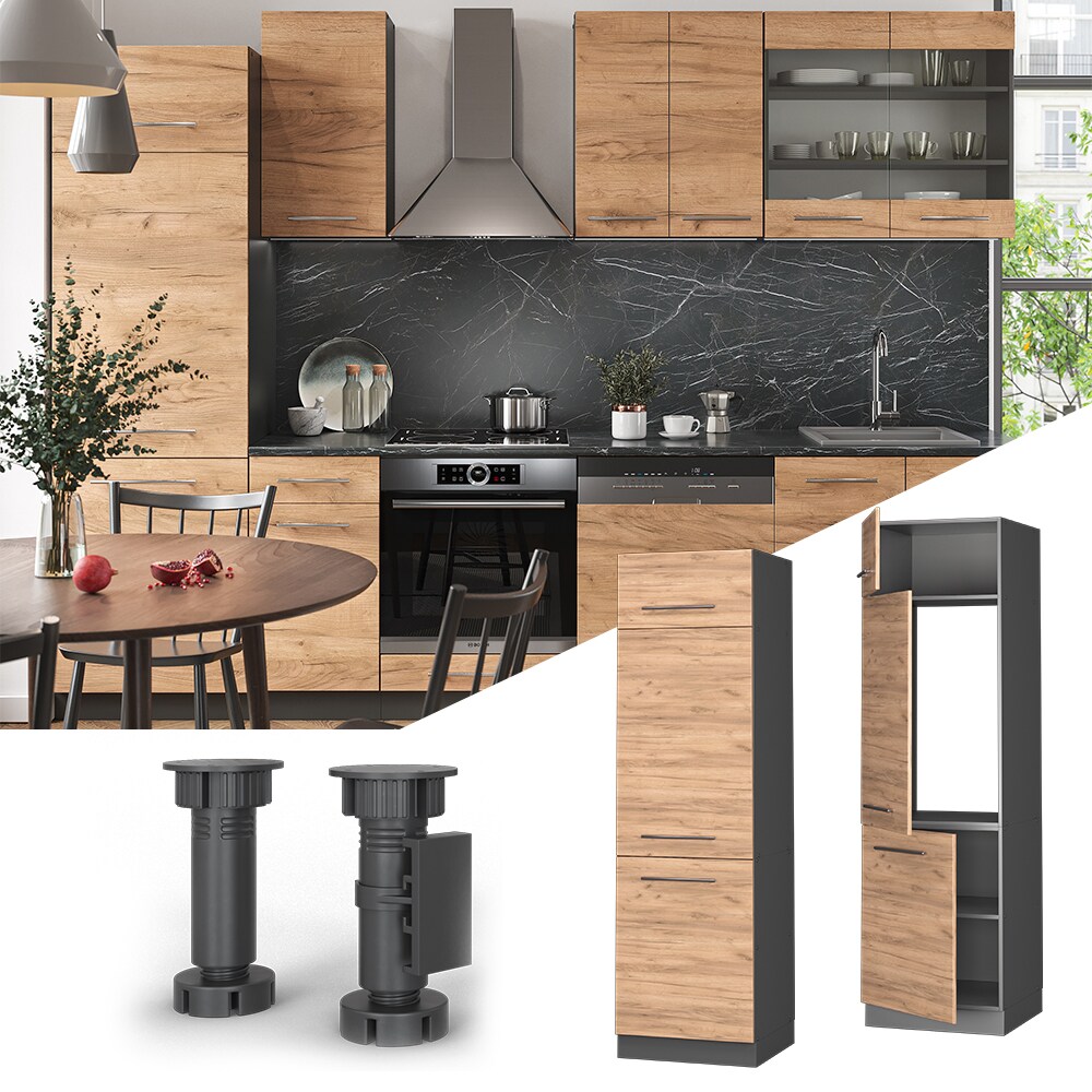 Vicco Kühlumbauschrank Küchenschrank Küchenmöbel Fame-Line Anthrazit Eiche modern 60 cm Küche Einbauküche Blende Drehtür Einlegeboden Kühlschrank Küchenzeile
