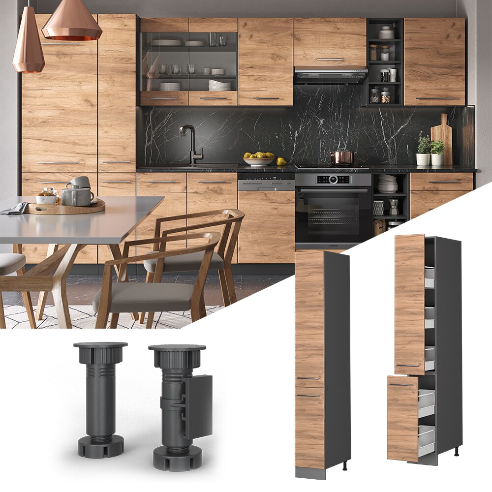 Vicco Apothekerhochschrank Küchenschrank Küchenmöbel Fame-Line Anthrazit Eiche modern 30 cm Küche Einbauküche Einschübe Aufbewahrung Küchenzeile