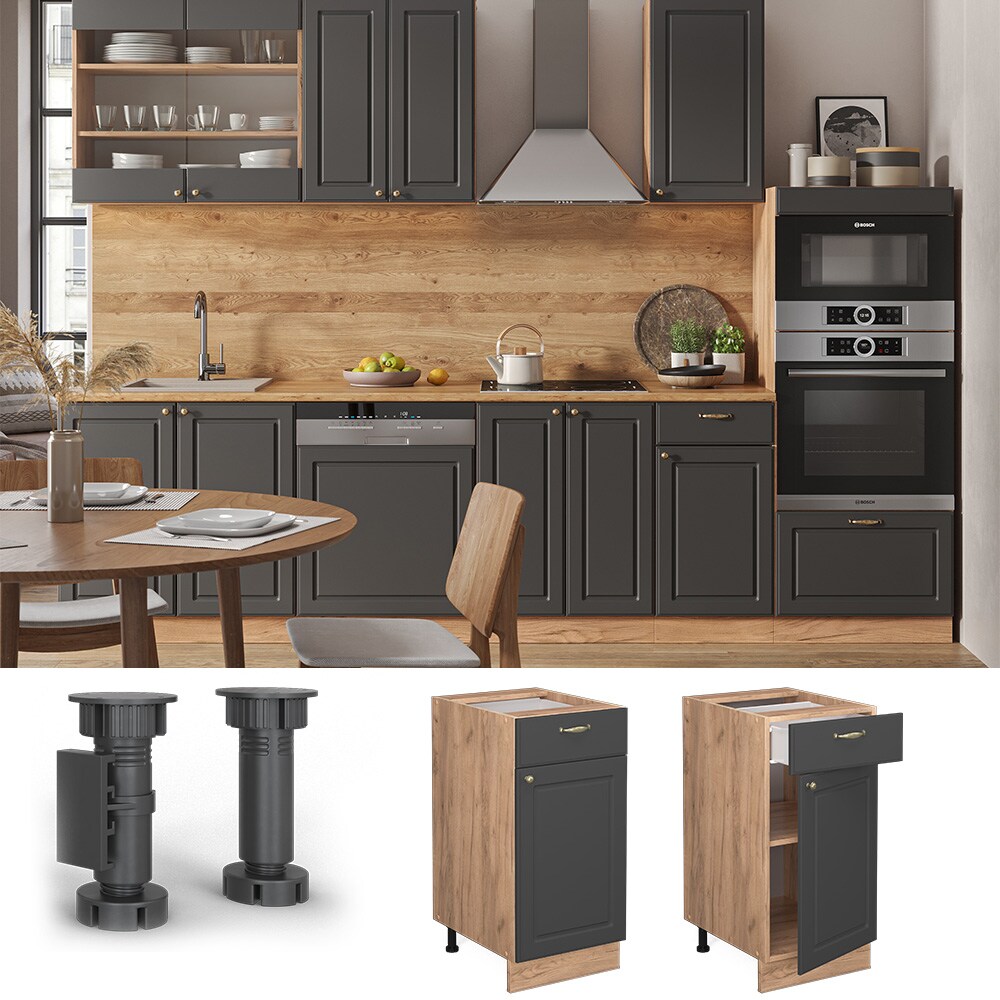 Vicco Schubunterschrank Küchenschrank Küchenmöbel Fame-Line Eiche Anthrazit-Gold Landhaus 40 cm Küche Einbauküche Drehtür Schublade Einlegeboden Blende Küchenzeile