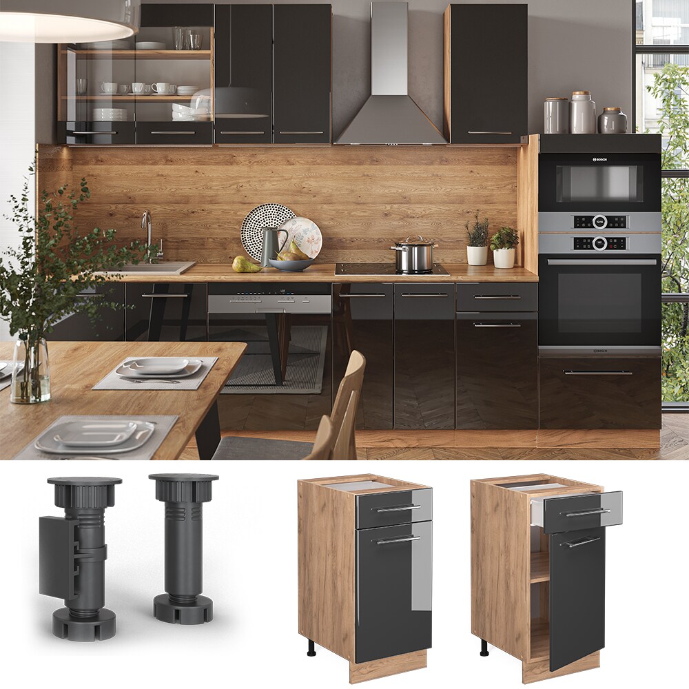 Vicco Schubunterschrank K&uuml;chenschrank K&uuml;chenm&ouml;bel Fame-Line Eiche Anthrazit modern 40 cm K&uuml;che Einbauk&uuml;che Dreht&uuml;r Schublade Einlegeboden Blende K&uuml;chenzeile Hochglanz - Bild 1