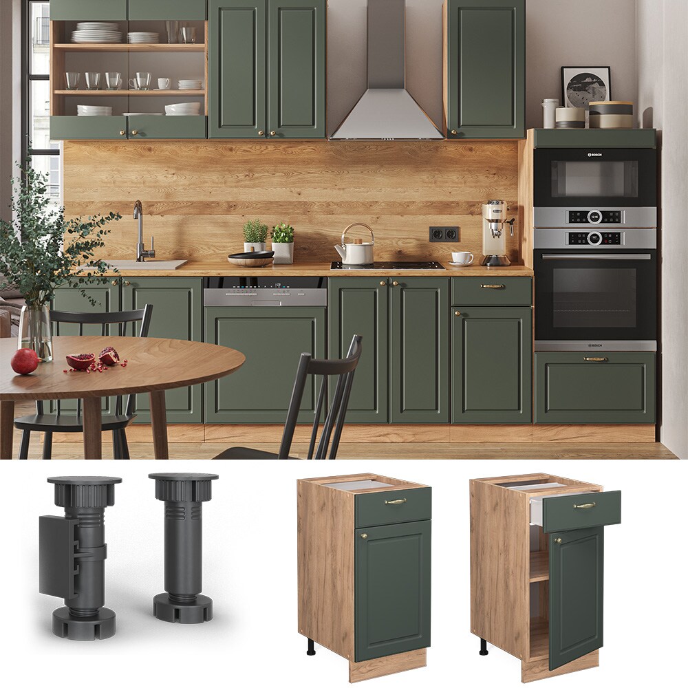 Vicco Schubunterschrank Küchenschrank Küchenmöbel Fame-Line Eiche Grün-Gold Landhaus 40 cm Küche Einbauküche Drehtür Schublade Einlegeboden Blende Küchenzeile