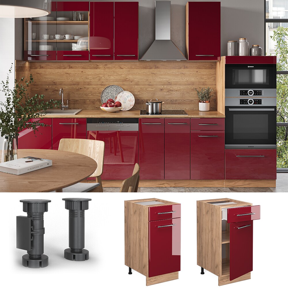 Vicco Schubunterschrank Küchenschrank Küchenmöbel Fame-Line Eiche Rot Bordeaux modern 40 cm Küche Einbauküche Drehtür Schublade Einlegeboden Blende Küchenzeile Hochglanz