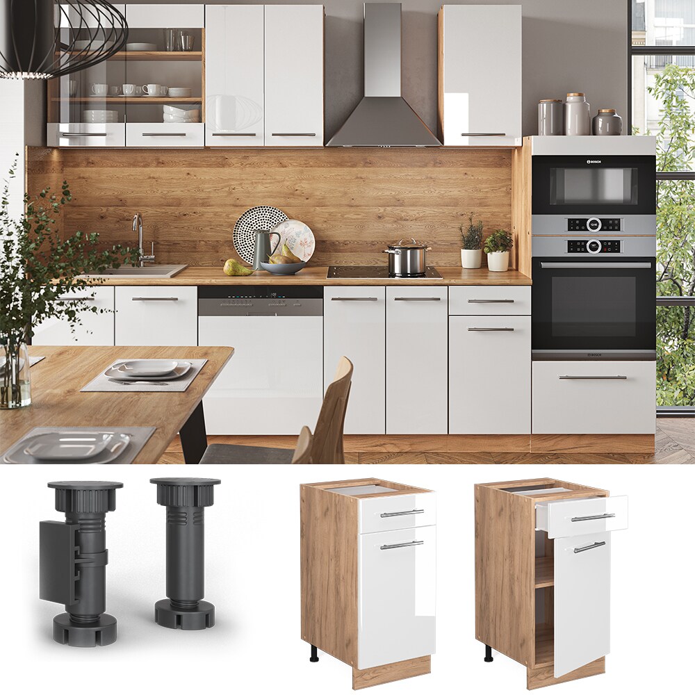 Vicco Schubunterschrank K&uuml;chenschrank K&uuml;chenm&ouml;bel Fame-Line Eiche Wei&szlig; modern 40 cm K&uuml;che Einbauk&uuml;che Dreht&uuml;r Schublade Einlegeboden Blende K&uuml;chenzeile Hochglanz - Bild 1