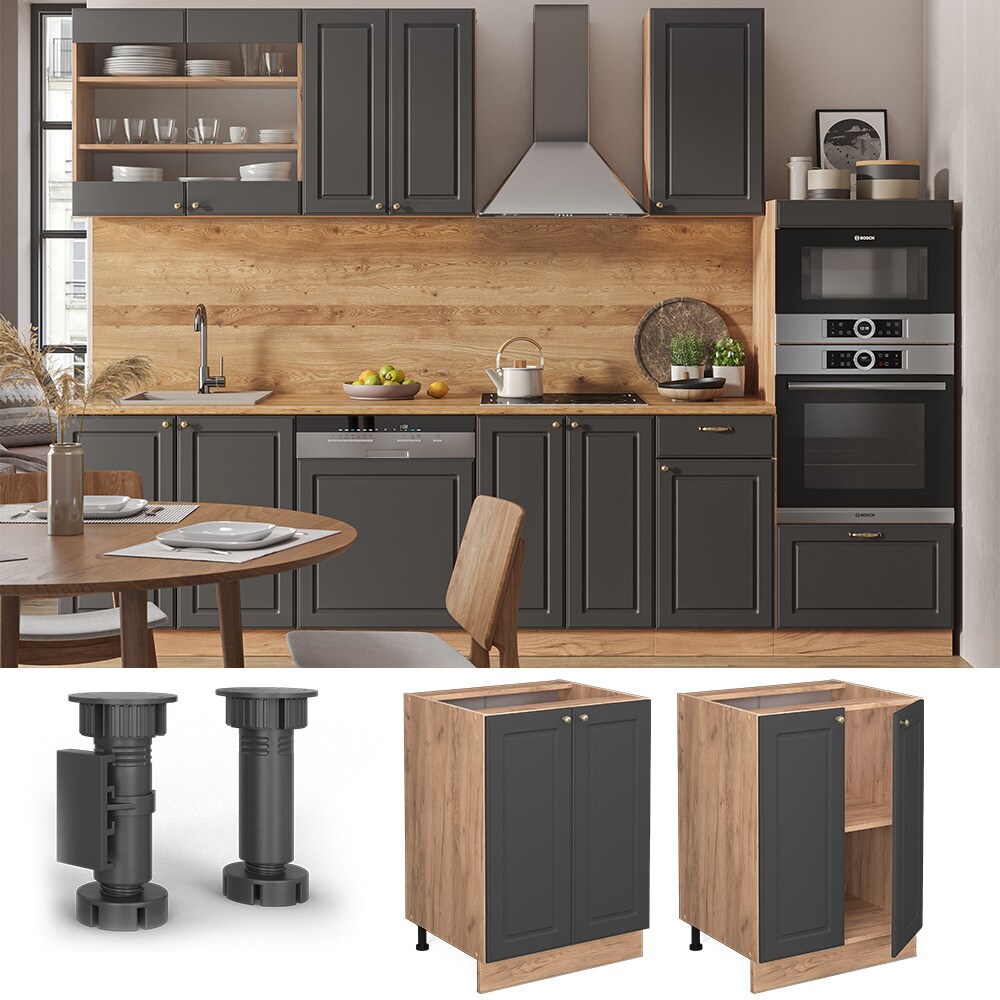 Vicco Unterschrank Küchenschrank Küchenmöbel Fame-Line Eiche Anthrazit-Gold Landhaus 60 cm Küche Einbauküche Drehtür Einlegeboden Blende Küchenzeile