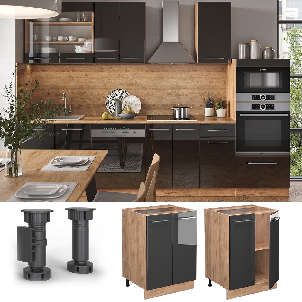 Vicco Unterschrank Küchenschrank Küchenmöbel Fame-Line Eiche Anthrazit modern 60 cm Küche Einbauküche Drehtür Einlegeboden Blende Küchenzeile Hochglanz