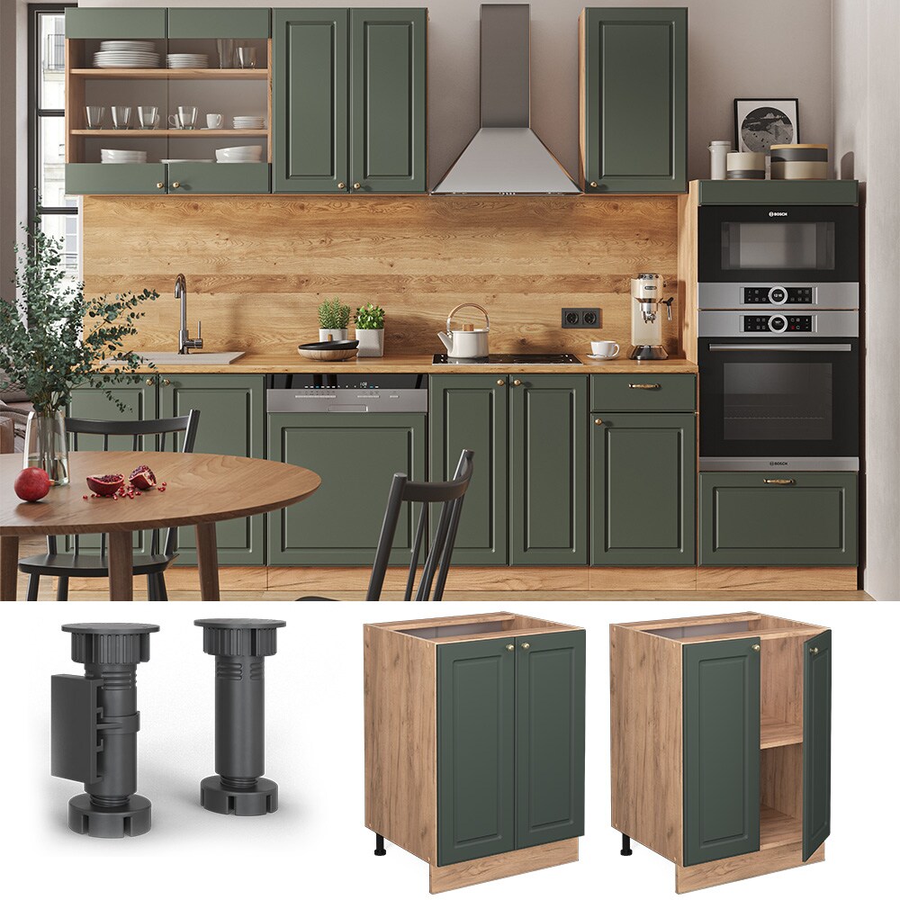 Vicco Unterschrank Küchenschrank Küchenmöbel Fame-Line Eiche Grün-Gold Landhaus 60 cm Küche Einbauküche Drehtür Einlegeboden Blende Küchenzeile
