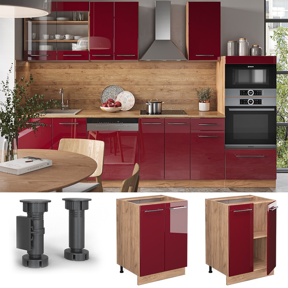 Vicco Unterschrank K&uuml;chenschrank K&uuml;chenm&ouml;bel Fame-Line Eiche Rot Bordeaux modern 60 cm K&uuml;che Einbauk&uuml;che Dreht&uuml;r Einlegeboden Blende K&uuml;chenzeile Hochglanz - Bild 1
