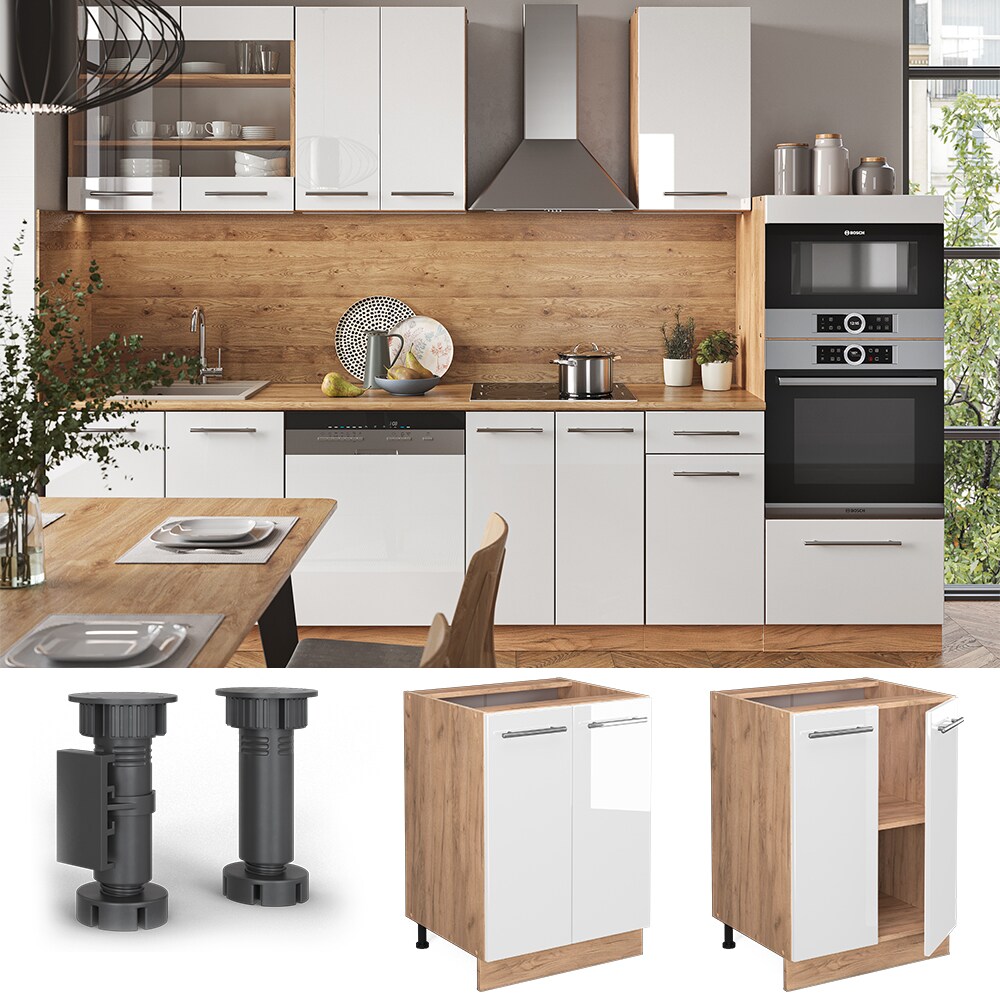 Vicco Unterschrank Küchenschrank Küchenmöbel Fame-Line Eiche Weiß modern 60 cm Küche Einbauküche Drehtür Einlegeboden Blende Küchenzeile Hochglanz