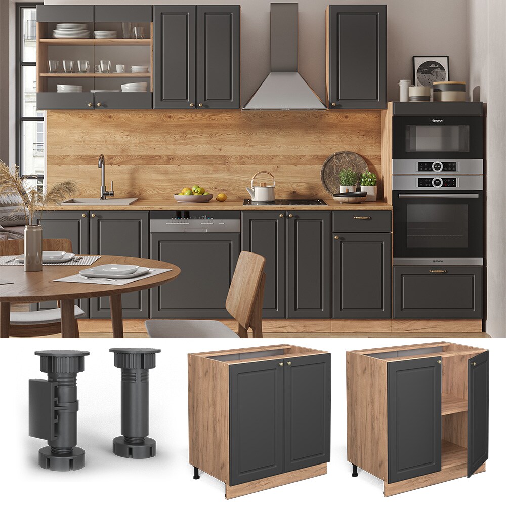 Vicco Unterschrank K&uuml;chenschrank K&uuml;chenm&ouml;bel Fame-Line Eiche Anthrazit-Gold Landhaus 80 cm K&uuml;che Einbauk&uuml;che Dreht&uuml;r Einlegeboden Blende K&uuml;chenzeile - Bild 1